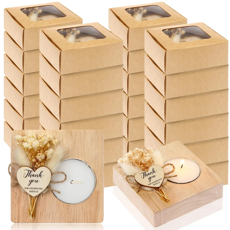 Menkxi 24 Sets Wedding Wooden Tealight Candles Holders Bulk Wedding Party Favors for Guests Square Thank You Candle for Anniversary Engagement Table Centerpiece Bridal Shower Baby Shower (Light Wood)