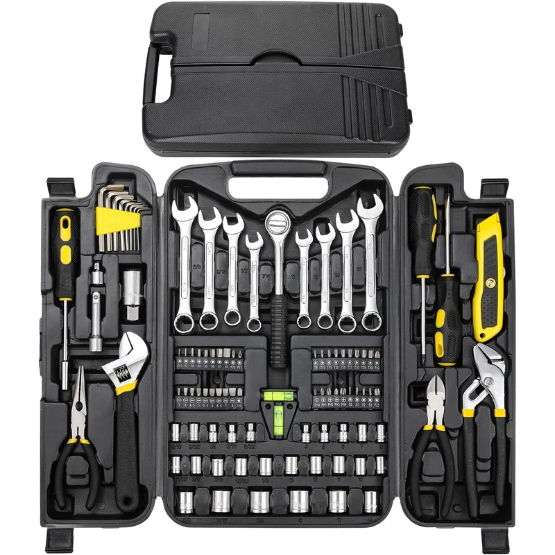 TLGREEN 95 Piece Tool Set, Tool Kit, Mechanics Tool Set, Portable Toolbox with Adjustable Wrench Pliers Socket Bits, with Plastic Toolbox Storage Case, for House Apartment Garage (Yellow)