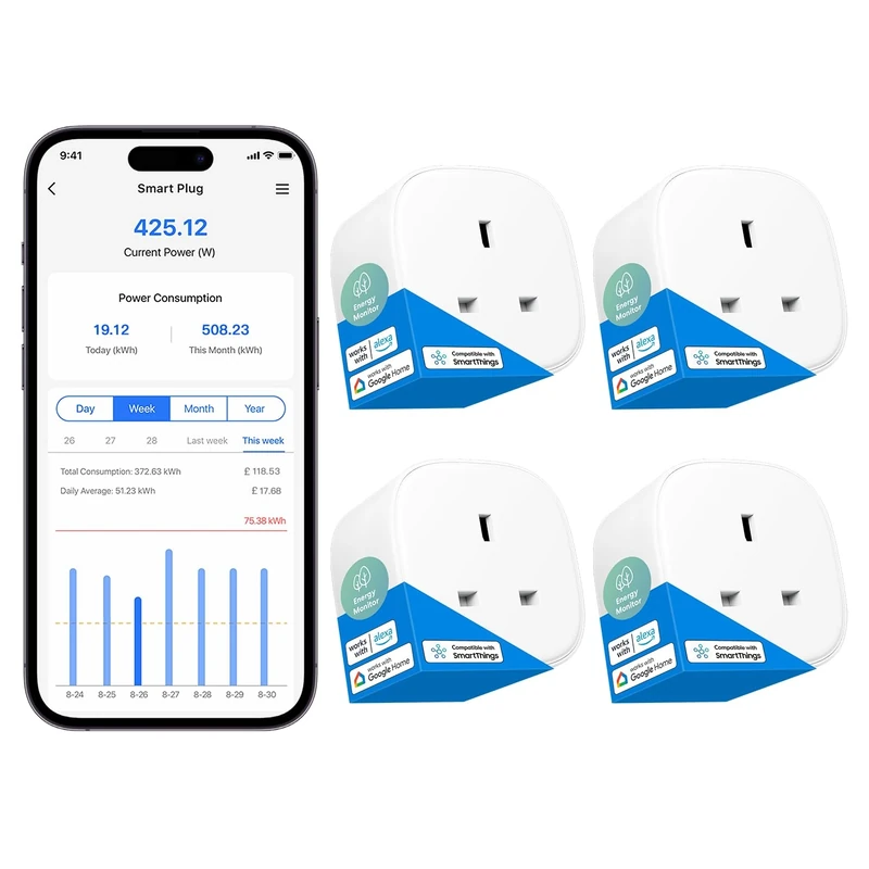 Meross Smart Plug with Energy Monitor Wi-Fi Outlet Work with Alexa Echo, Google Home, Smart Socket No Hub Required 13A (4-Pack)