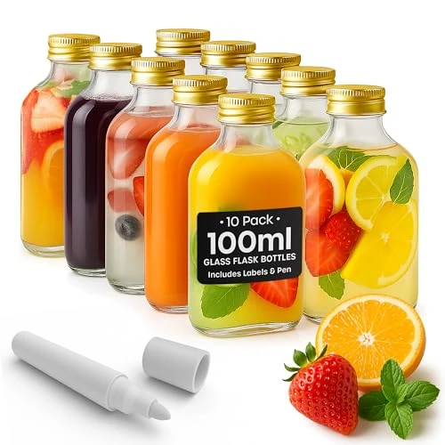 volila 100ml Glass Flask Bottles with Gold Screw Caps, Labels and Pen - 10 Pack Reusable Empty Glass Bottles for Sloe Gin, Liqueur or Homemade Vinegar