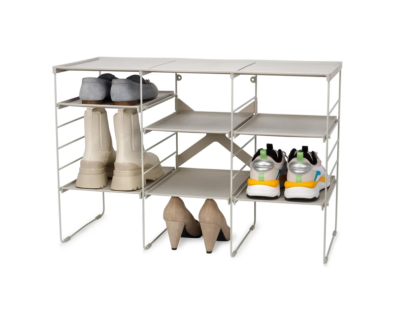 Joseph Joseph Level Adjustable Tier Shoe Rack Organiser, Durable Shelves And Steel Frame, Triple, Stores 12 Pairs, Ecru