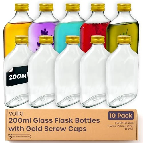 volila 200ml Glass Flask Bottles with Gold Screw Caps, Labels and Pen - 10 Pack Reusable Empty Glass Bottles for Sloe Gin, Liqueur or Homemade Vinegar