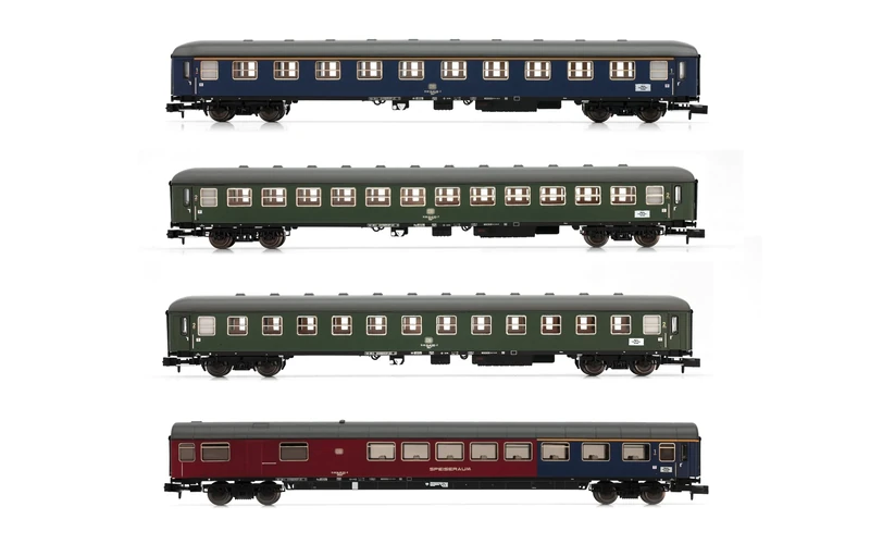 Arnold HN4359 DB, 4-unit pack coaches, 1 x Am, 2 x Bm, 1 x ARm217, blue resp. green livery, period IV Rolling Stock - Coaches