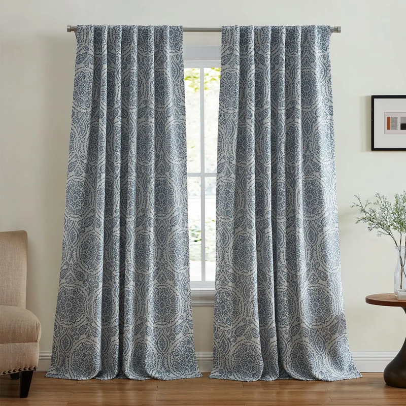 Elrene Home Fashions Giovanni Medallion Block Print Blackout Lined Window Curtain Panel, 52"x84", Blue