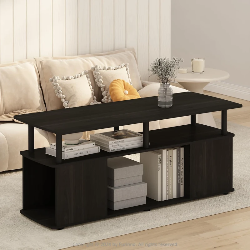 Furinno JAYA Coffee Table, Rectangle Modern Coffee Table with Open Shelf, Side Table with Side Storage, for Living Room, Bedroom, Home Office, Black