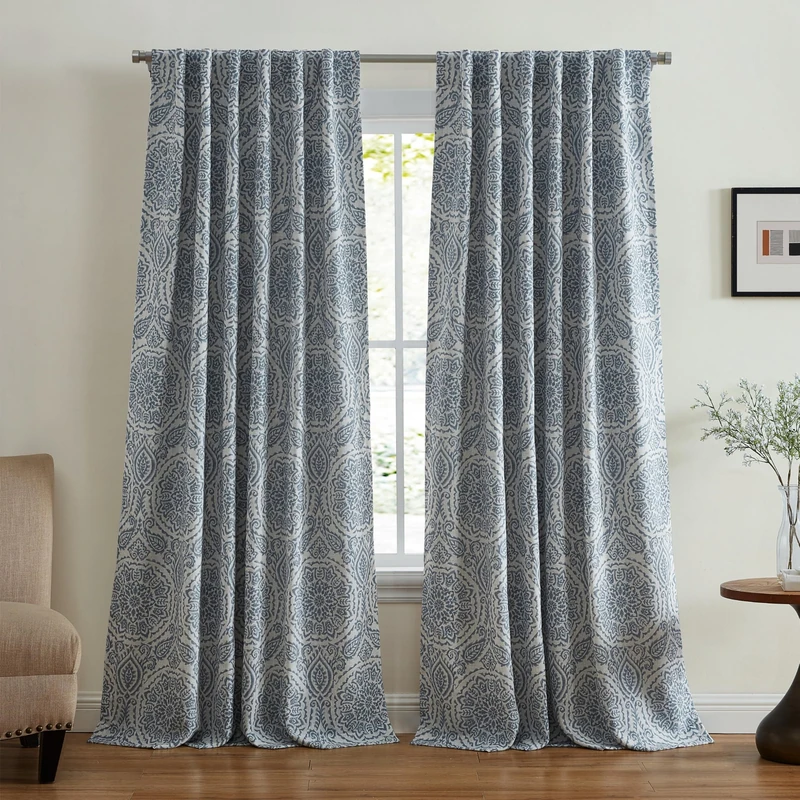 Elrene Home Fashions Giovanni Medallion Block Print Blackout Lined Window Curtain Panel, 52"x95", Blue