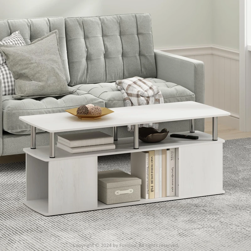 Furinno JAYA Coffee Table, Rectangle Modern Coffee Table with Open Shelf, Side Table with Side Storage, for Living Room, Bedroom, Home Office, White Oak/Stainless Steel