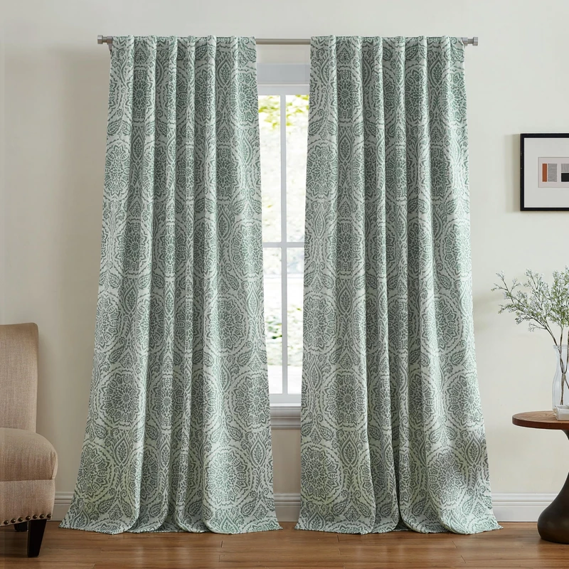 Elrene Home Fashions Giovanni Medallion Block Print Linen Blend Blackout Lined Window Curtain Panel, 52"x95", Sage