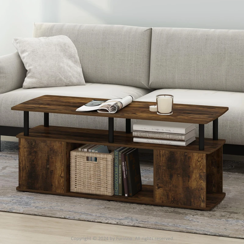 Furinno JAYA Coffee Table, Rectangle Modern Coffee Table with Open Shelf, Side Table with Side Storage, for Living Room, Bedroom, Home Office, Amber Pine