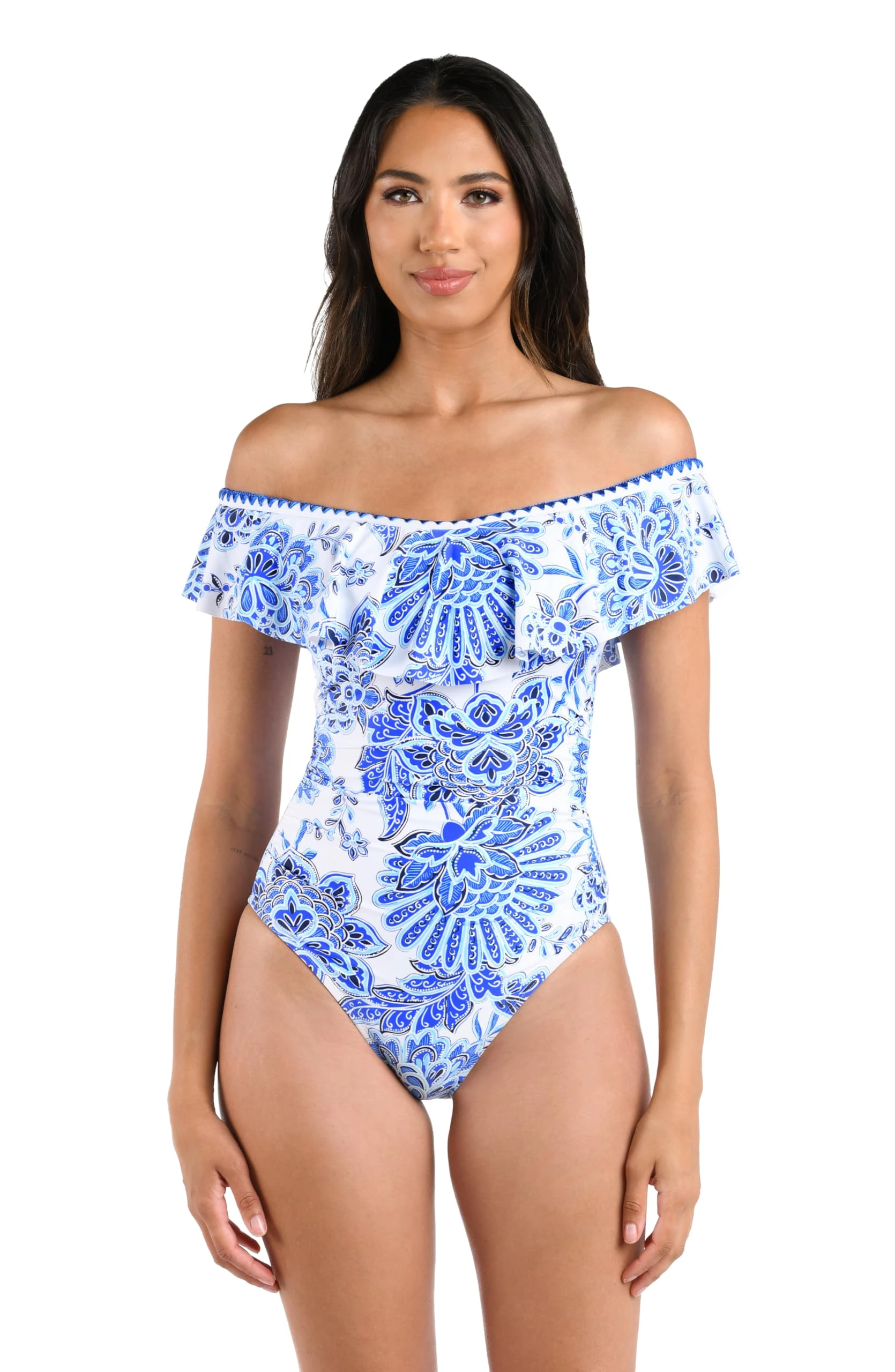 La Blanca Women's Off Shoulder Ruffle One Piece Swimsuit, Blue//Beyond The Pacific, 6