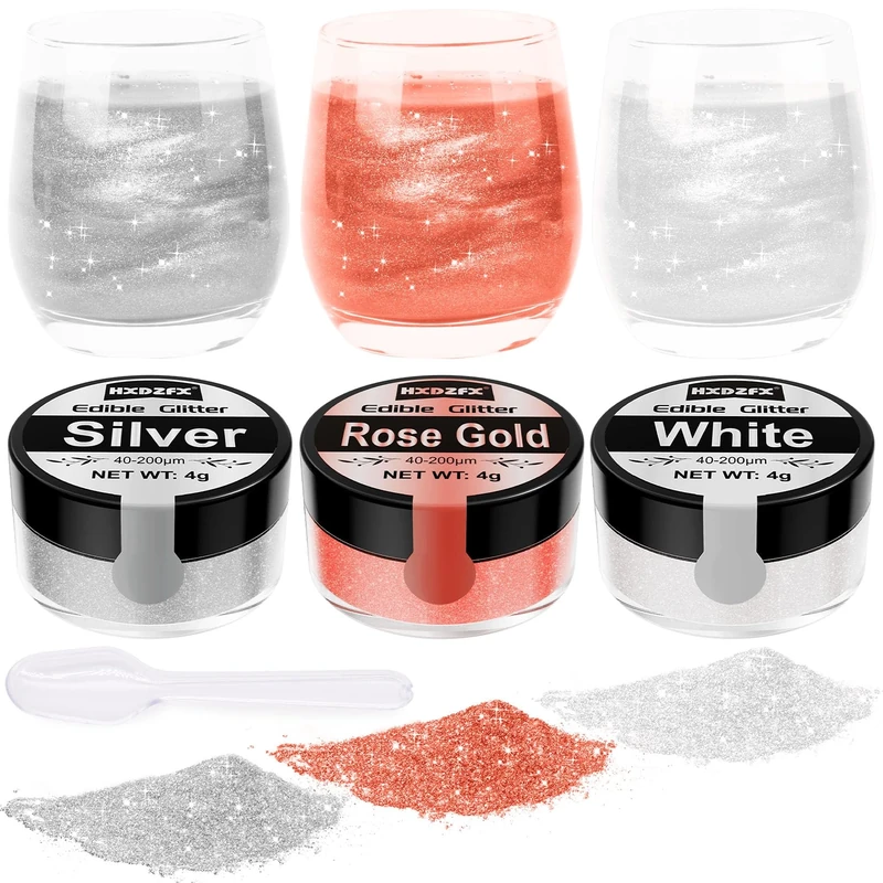 Edible Glitter - 3 Colours 100% Edible Shimmering Lustre Sparkle for Cakes, Edible Glitter for Drinks, Cake Decorations, Chocolates, Muffins, Cocktail, Cream, etc (4g Each) `