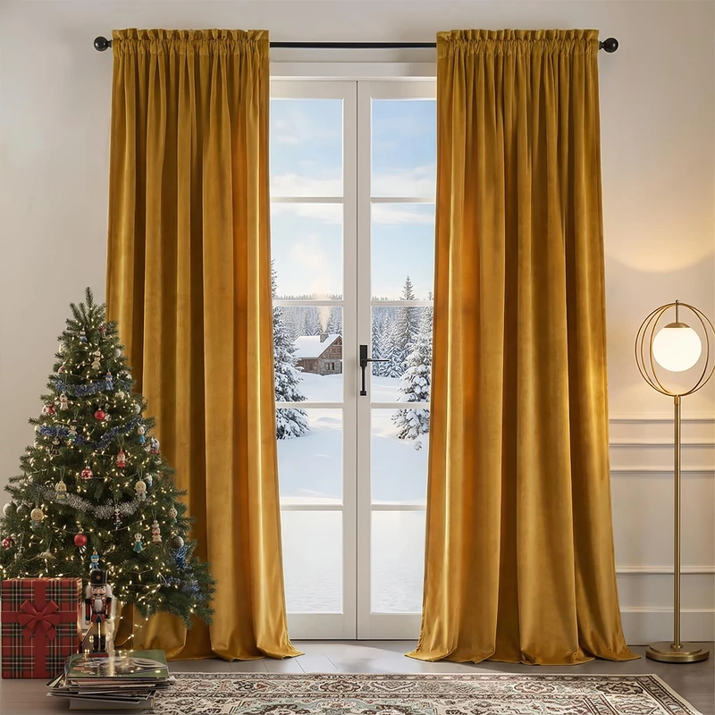 Nemia Mustard Yellow Velvet Curtains Thermal Insulated Blackout Curtain for Bedroom Window Living Room Darkening Luxury Vintage 96 Inches Long Heavy Drapes Panels Rod Pocket Set of 2