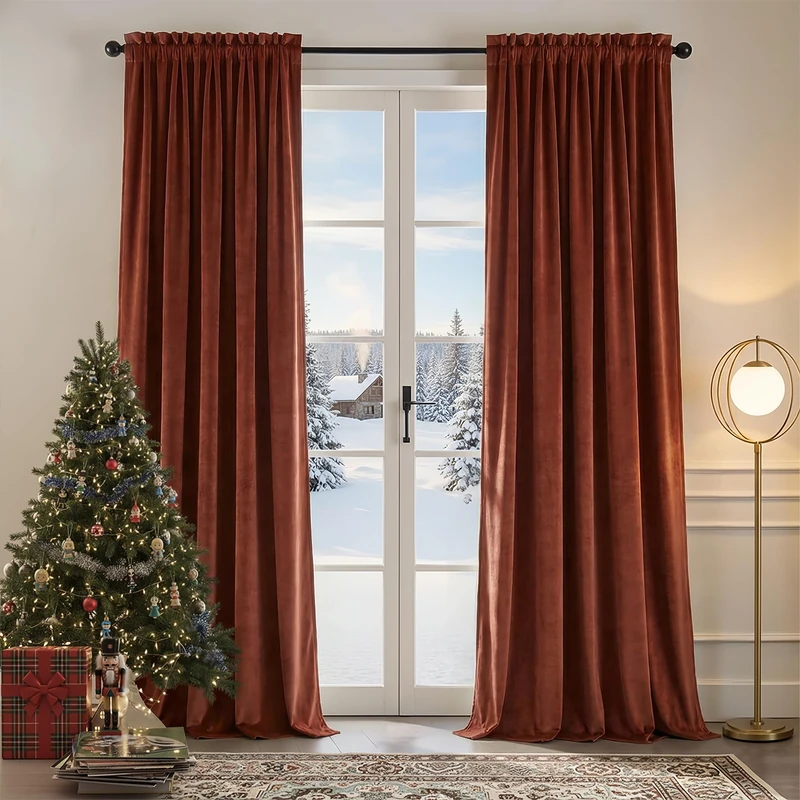 Nemia Rust Burnt Orange Velvet Curtains Thermal Insulated Blackout Curtain for Bedroom Window Living Room Darkening Luxury Vintage 108 Inches Long Heavy Drapes Panels Rod Pocket Set of 2