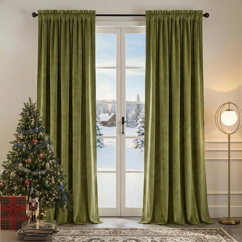 Nemia Moss Green Velvet Curtains Thermal Insulated Blackout Curtain for Bedroom Window Living Room Darkening Luxury Vintage 84 Inches Long Heavy Drapes Panels Rod Pocket Set of 2