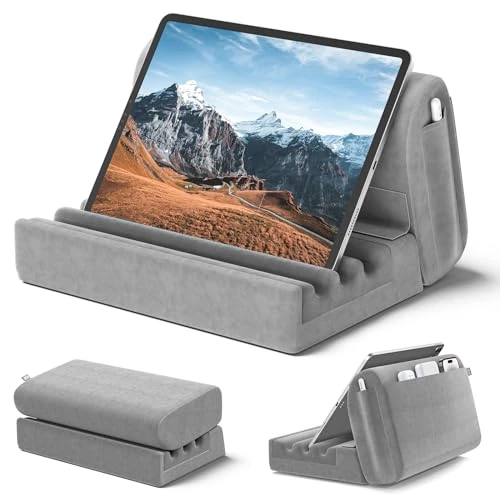 KDD Tablet Pillow Holder for Lap, Pillow Soft Pad for Bed and Desk Tablet Stand Dock with Pocket & Stylus Mount Compatible iPad Pro 12.9,10.5, 11, Air Mini Galaxy Tab, E-Reader, Books-Grey
