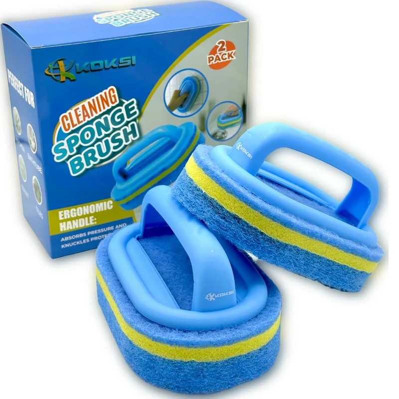 KOKSI 2-Piece Cleaning Brush for Bathroom Kitchen Bathtub Toilet Cleaner All Purpose Shower Sponge Scrubbing Brush with Ergonomic Handle