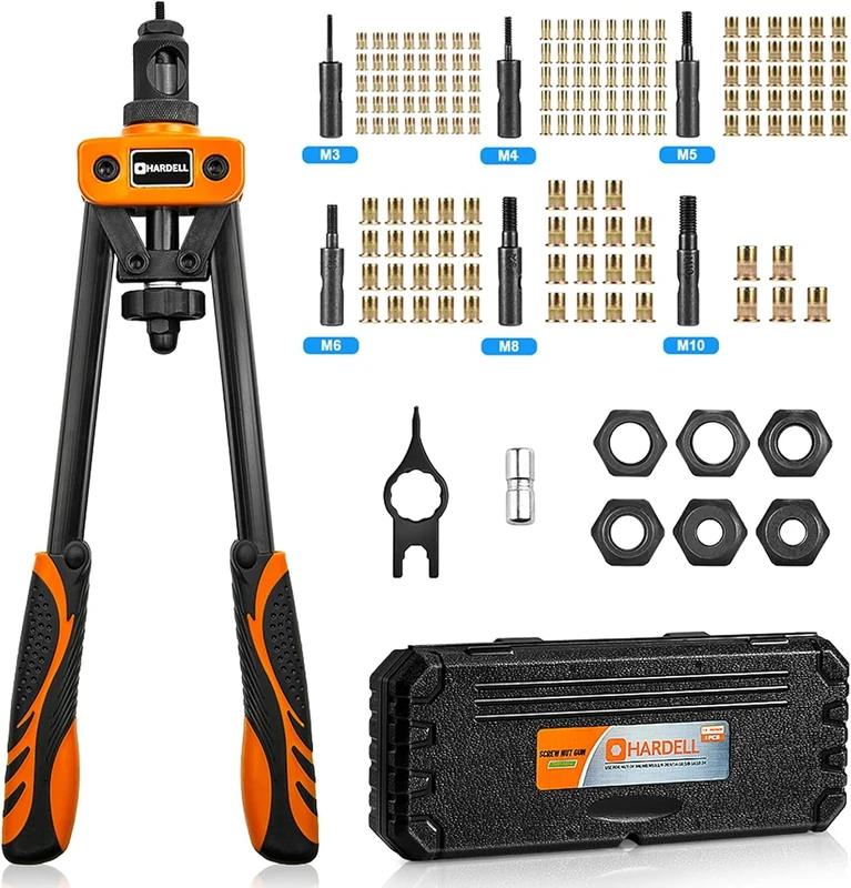 HARDELL Rivet Nut Pliers Set, 14 Inch Riveter Set, Thread Rivet Pliers Set with 6 Threaded Sleeve Mandrels M3 M4 M5 M6 M8 M10 and 150 Pieces Rivet Nuts, Rivet Nut Pliers with Case