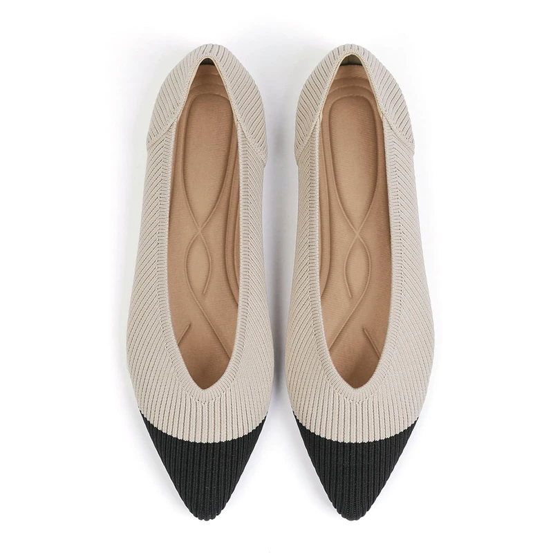 TINGRISE Women's Flats Shoes Pointed Toe Knit Ballet Comfortable Dressy Slip On Flat Black and Beige US6