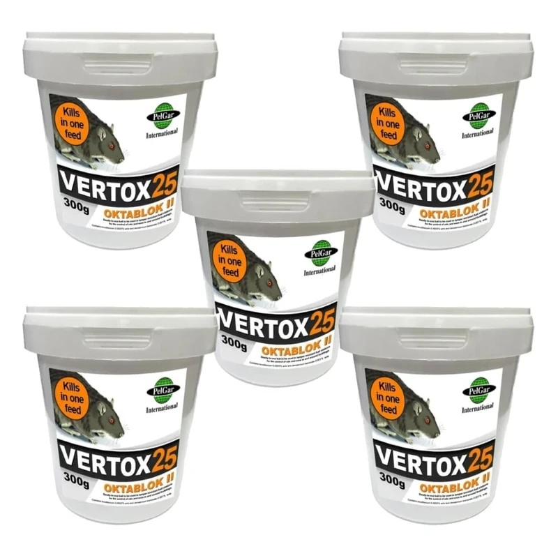 Rat Poisoning Blocks Mouse Bait Blocks Single Feed Rodent Killer Block Max Strength Fast Acting All Weather Bait Block 5 Tubs (VERTOX OKTABLOK ll- 300g).