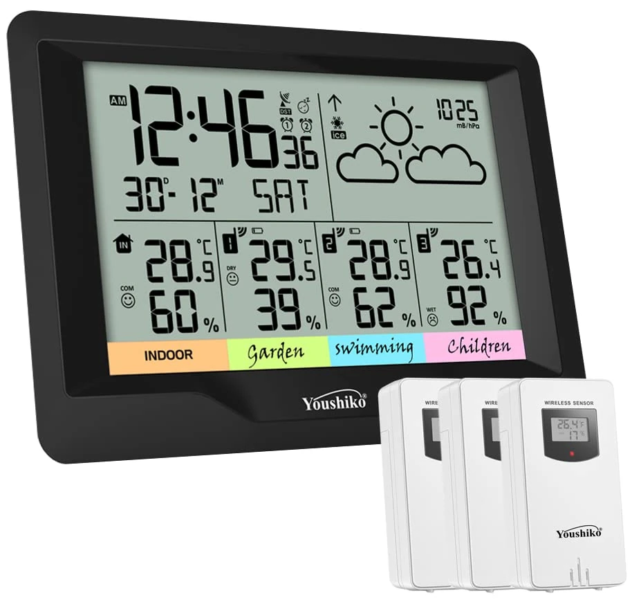 Youshiko (Official 2025 UK Version), 3 x Wireless Sensors Weather Station, Radio Controlled Clock Temperature Thermometer Humidity, Barometric Pressure (Extra Large/Console Size: 20 .5 x 13 cm)