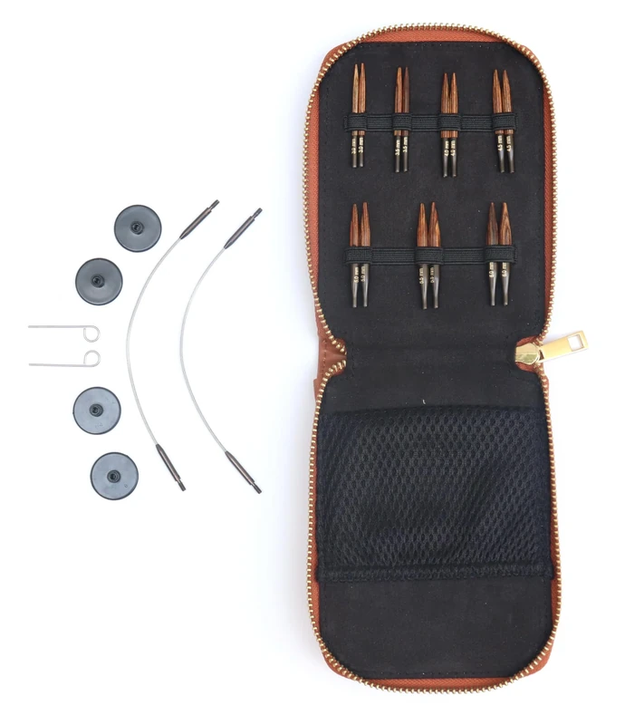 KnitPro Ginger Knitting Needle Set - Mini Interchangeable Pins, 2 25cm Cables, End Caps, Cable Keys, Faux Leather Case, 3,3.5,4,4.5,5,5.5,6mm