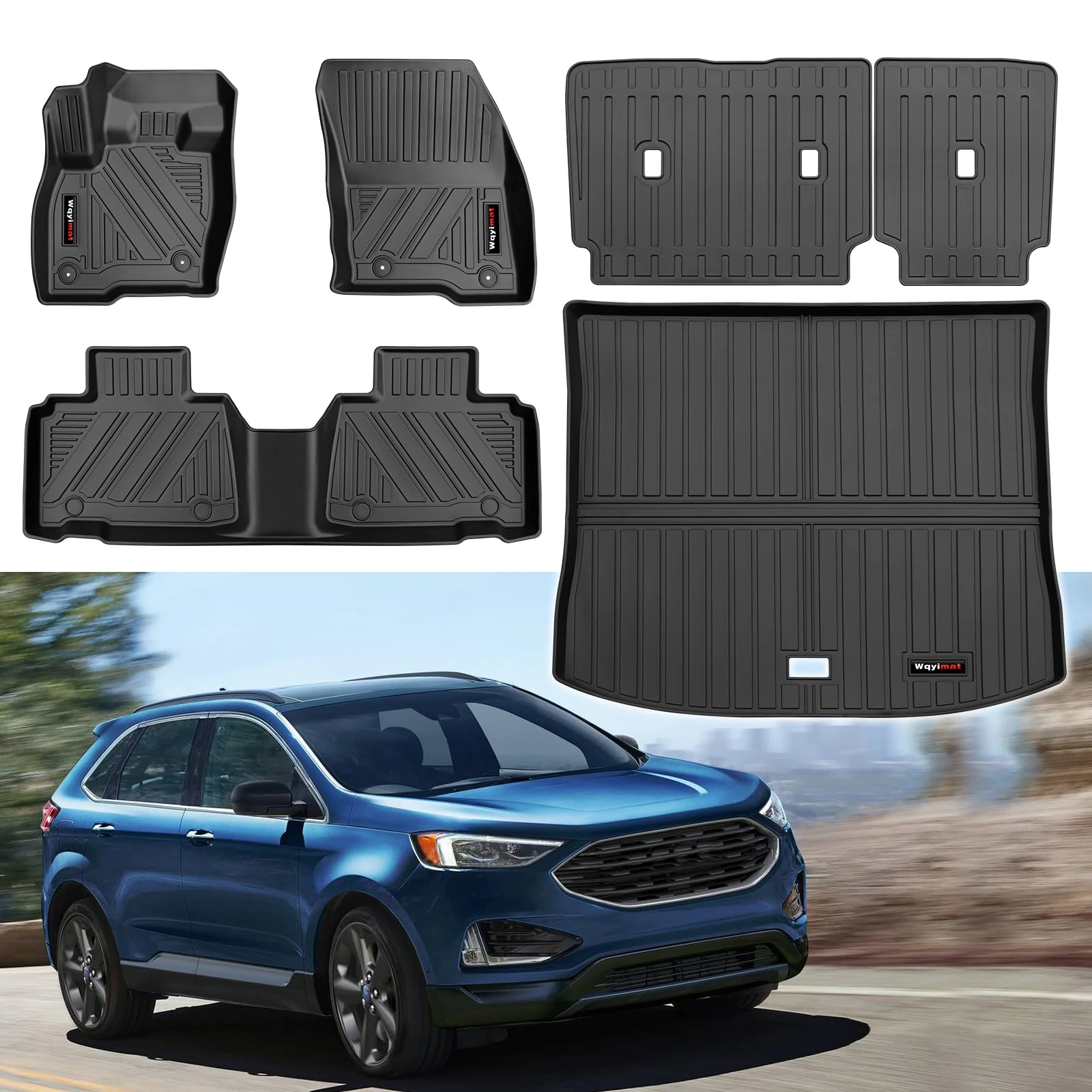 Wqyimat for 2015-2024 Ford Edge Floor Mats Cargo Trunk Liner and Backrest Mat Set All Weather TPE Rubber Protection Mat for Ford Edge ST Accessories (Floor Mats+Cargo Liner+Backrest Mat)
