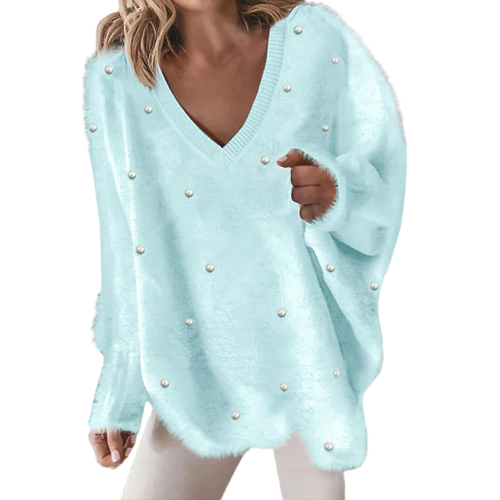 EMUKFD Womens Jumpers Loose Lantern Sleeve Dot Embroidery Knitted Sweater（Blue，L）