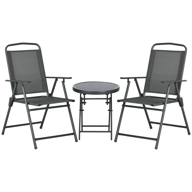 Outsunny Garden Bistro Set, 3 Pieces Table and Chairs Set, Outdoor Garden Furniture with Foldable Breathable Mesh Fabric Armchairs & Glass Top Coffee Table, Dark Grey