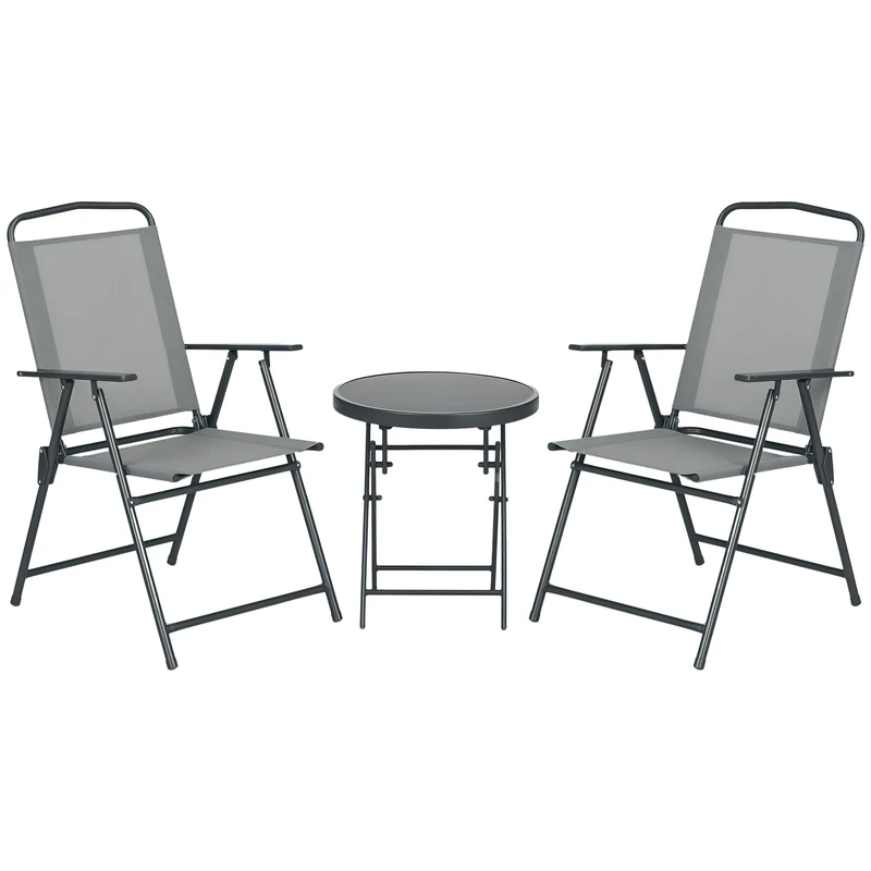 Outsunny Garden Bistro Set, 3 Pieces Table and Chairs Set, Outdoor Garden Furniture with Foldable Breathable Mesh Fabric Armchairs & Glass Top Coffee Table, Light Grey