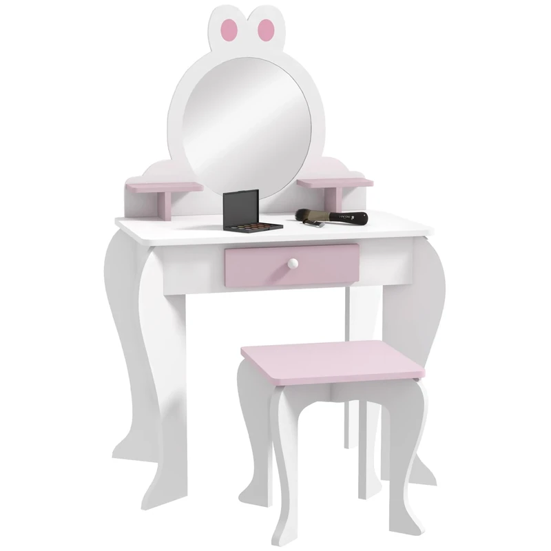 ZONEKIZ Kids Dressing Table with Mirror and Stool, Kids Vanity Table Girls Dressing Table with Drawer, Storage Shelf, Rabbit Design, for Ages 3-6 Years - White and Pink