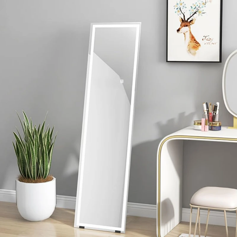 HOMCOM Full Length Mirror with LED Lights, 150x40cm Floor Mirror, Free Standing, Wall Mounted or Leaning, Full Size Body Mirror with Dimmable and 3 Colour Lighting for Bedroom, 33W, White