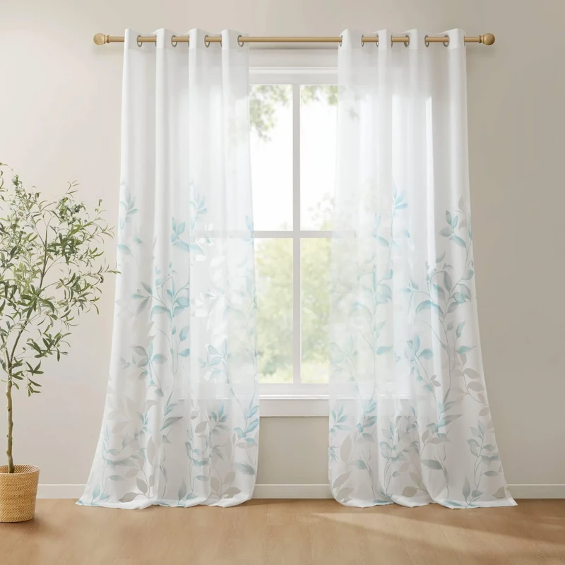 Madison Park 2 Panel Semi Sheer Curtain for Living Room Window, Lightweight Burnout Botanical Print Bedroom Curtains, Grommet Top Window Shades for Home, Machine Washable, Cecily, 2-PK 50x84, Aqua