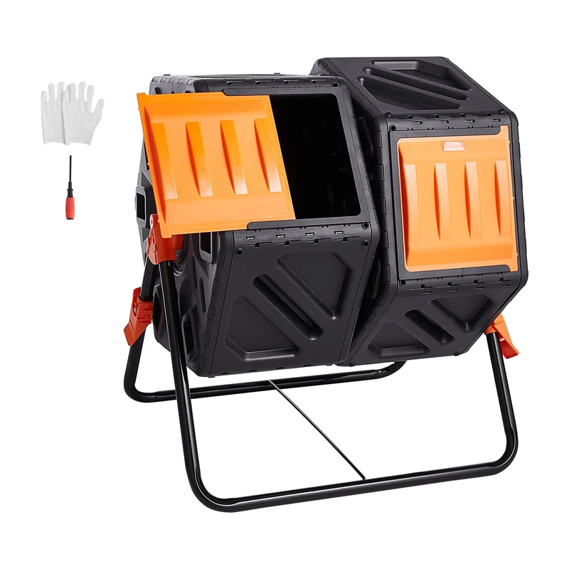 VEVOR Compost Bin, 140L Dual Chamber Composting Tumbler, High Volume Two Rotating Chambers with 2 Sliding Door and Steel Frame, BPA Free Composter Bin Tumbler for Garden, Kitchen, Yard, Outdoor