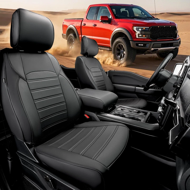Super Cover Full Coverage Seat Covers for Ford F150, 2015-2024 SuperCrew (XL, XLT) with 1st-Row Bucket Seats, Black Faux Leather Truck Seat Covers for Ford F150
