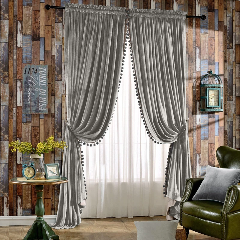 Melodieux Pom Poms Velvet Curtains, Extra Wide for Patio Doors, Vintage Luxury, Bedroom, Living Room, Thermal Insulated Window Curtains, 254 x 213 cm (W x L), Grey (2 Panels)