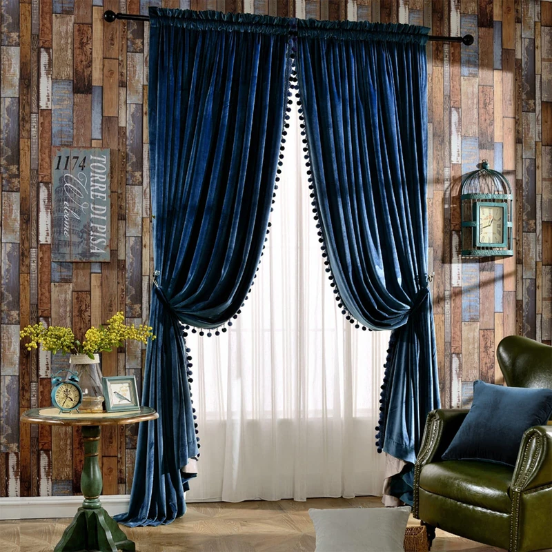 Melodieux Pom Poms Velvet Curtains, Extra Wide for Terrace Doors, Vintage Luxury, Bedroom, Living Room, Thermal Insulated Window Curtains, 100" x 84" (W x L), Royal Blue (2 Fabric Panels)