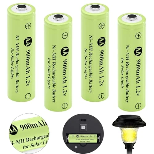 Rechargeable AA Batteries, Ni-MH AA 900mAh Rechargeable Batteries, Double A 1.2v Solar Batteries for Garden Landscaping Outdoor Solar Lights, String Lights, Pathway Lights (4 Pack)
