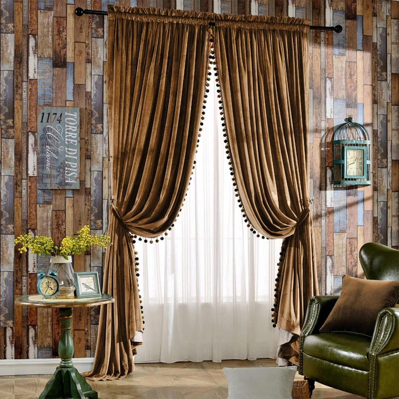 Melodieux Pom Poms Velvet Curtains, Extra Wide for Patio Doors, Vintage Luxury, Bedroom, Living Room, Thermal Insulated, Window Curtains, 254 x 213 cm (W x L), Golden Brown (2 Panels)