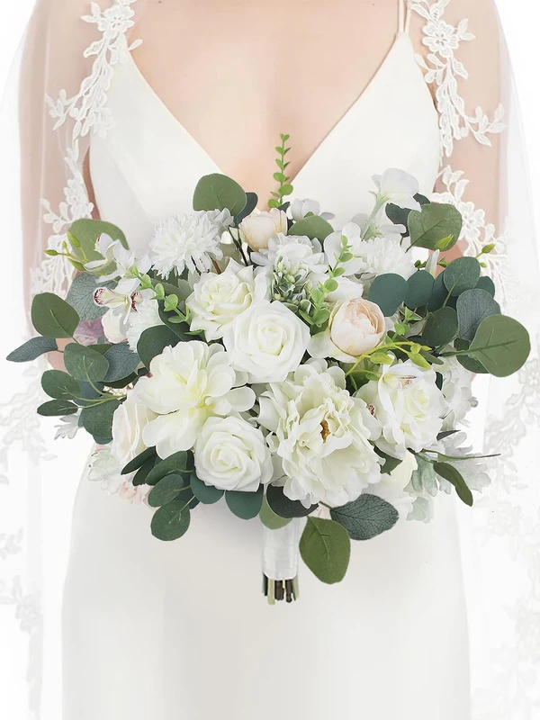 Rinlong 16.5" White Green Bridal Bouquet, Silk Wedding Bouquet for Bride