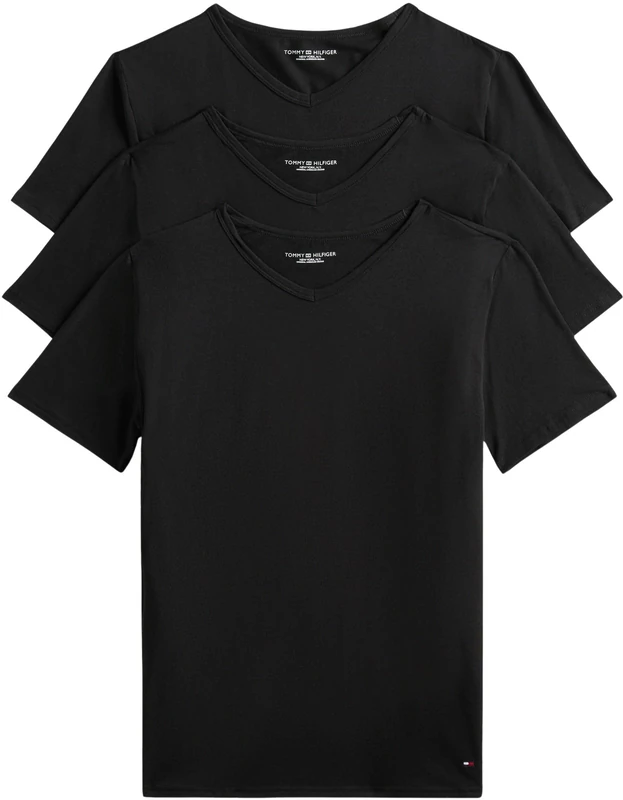 Tommy Hilfiger Men's Stretch Vn Tee Ss 3Pack Um0Um03137 S/S T-Shirt, Black/Black/Black, S