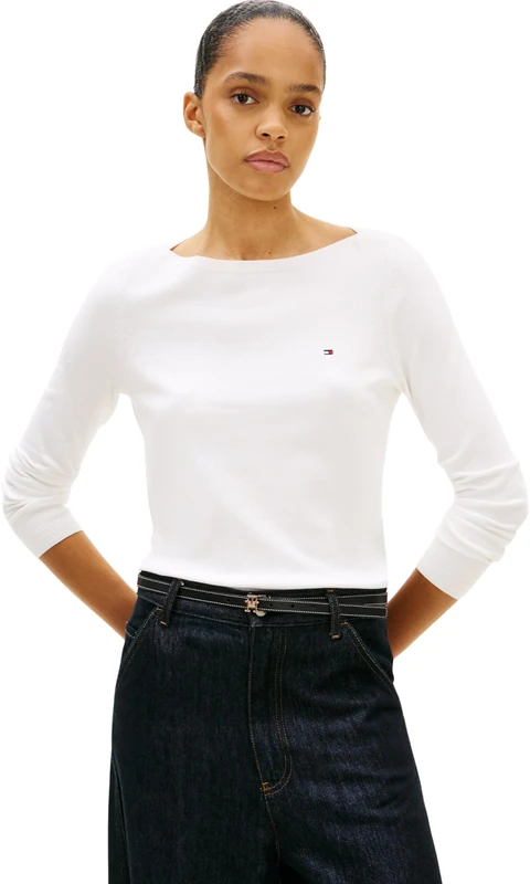 Tommy Hilfiger Women’s Cotton Jersey Stitch Boat Neck Jumper, White (Ecru), XS