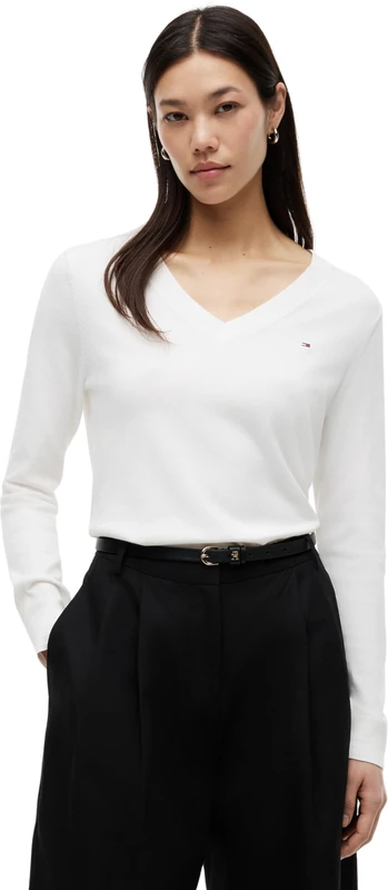 Tommy Hilfiger Women’s Cotton Jersey Stitch V-Neck Jumper, White (Ecru), L
