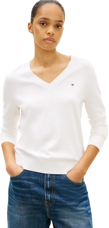Tommy Hilfiger Women’s Cotton Jersey Stitch V-Neck Jumper, White (Ecru), XL