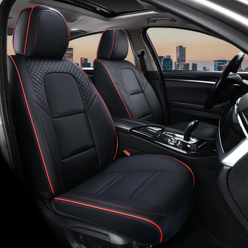 Coverado Car Seat Covers for Front Seats, 2 Pieces, with Removable Headrest, Nappa Leather, Breathable Front, All-round, Universal Fit, Truck, Automotive, Most Cars, Black and Red