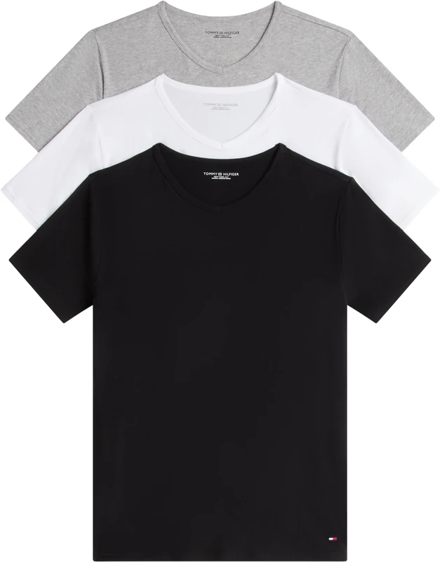 Tommy Hilfiger Men’s 3 Pack Short Sleeve V-Neck Stretch T-Shirts, Multicolor (Black/White/Grey Heather), L