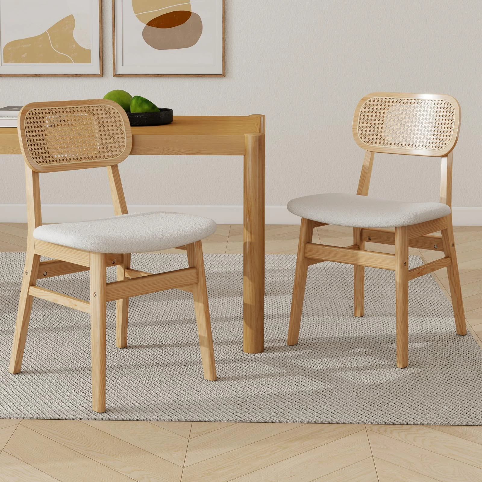 chairus Rattan Dining Chairs Set of 2 Faux Fur Kitchen Chair for Dining Room Armless Side Chairs with Wood Legs (Beige)