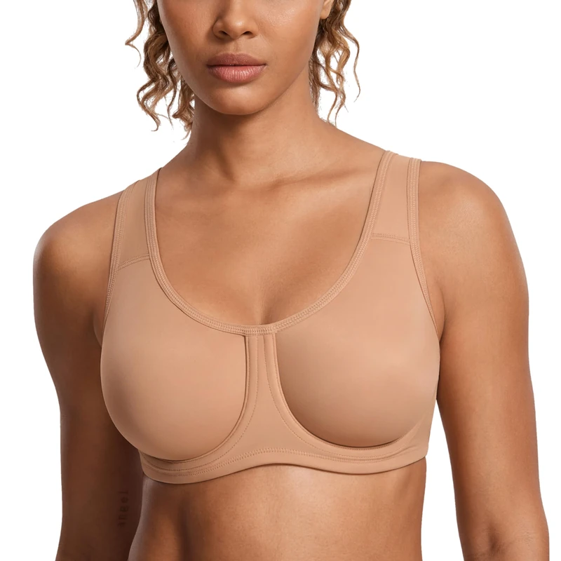 SYROKAN Women's Max Control Solid High Impact Plus Size Underwire Sports Bra for Large Breasts Barely Buff 36E