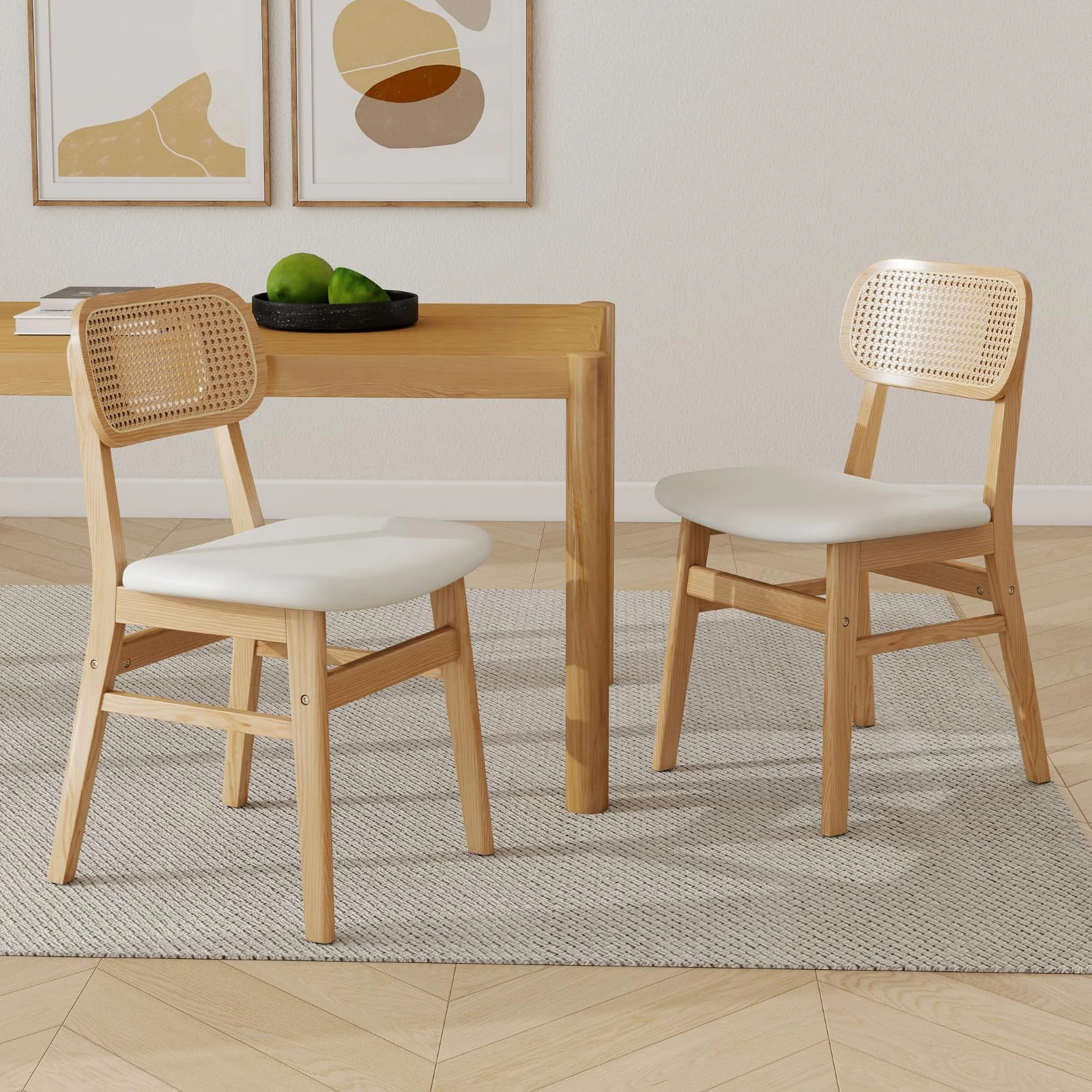 chairus Rattan Dining Chairs Set of 2 PU Leather Kitchen Chair for Dining Room Armless Side Chairs with Wood Legs (White)