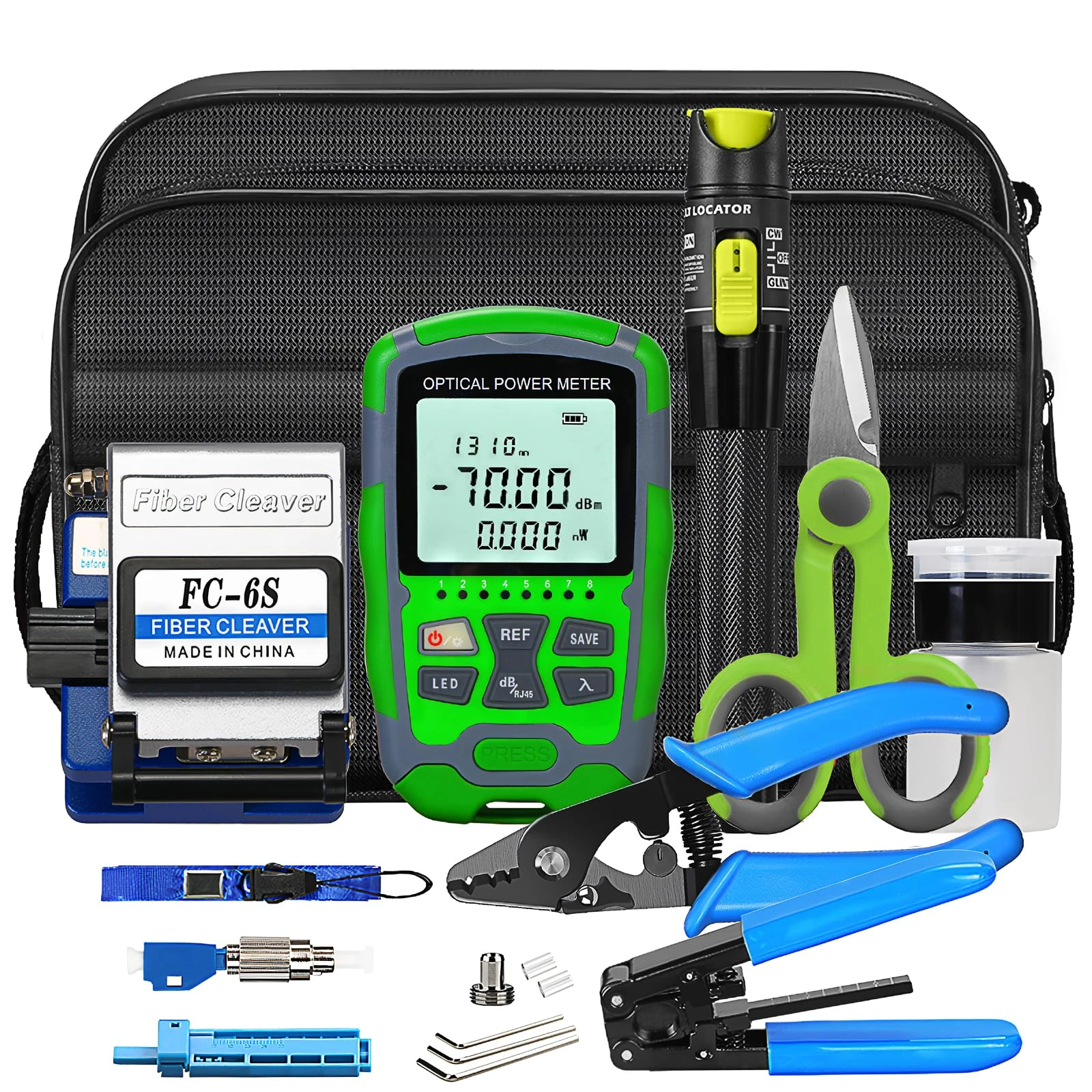 Fiber Optic Termination Tool Kit FTTH Cable Cold Welding Tool Set with FC-6S Optical Fiber Cleaver and 30mw Visual Fault Locator with FC-LC Adapter -70~+10dbm M7 3 in 1 Optical Power Meter with RJ45