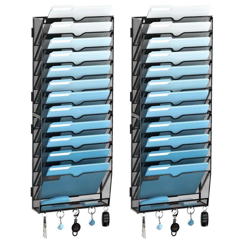 SUPEASY 13-Tier Wall File Organizer, Wall File Holder with Hooks, Mesh Hanging File Organizer, Mail Organizer Wall Mounted for Papers, Folders, Office Magazine Rack, Assembly Needed, Black 2 pack
